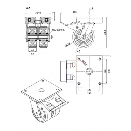 Koła żeliwne z poliuretanem fi 125 mm w obudowach skrętnych spawanych z hamulcem - podwójne