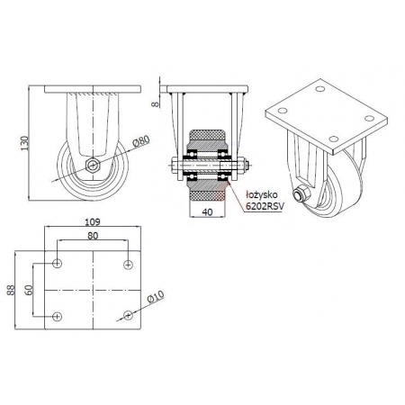 Koła żeliwne z poliuretanem fi 80 mm w obudowie stałej - spawanej