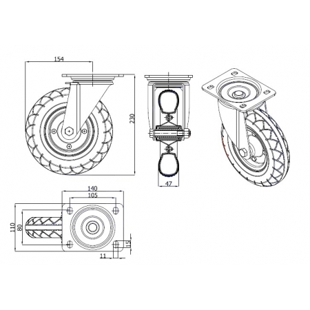 koło pneumatyczne fi 200 (120 kg) w obudowie skrętnej