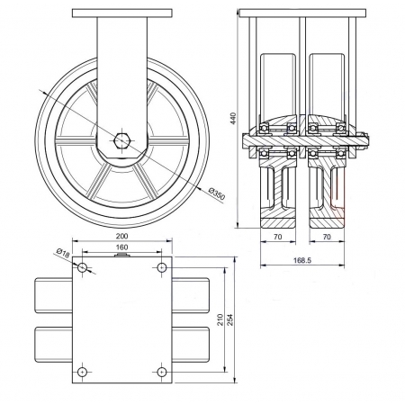 Koła żeliwne z poliuretanem fi 350 mm w obudowach stałych - spawanych - podwójne