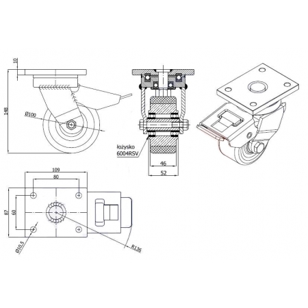 Koła żeliwne z poliuretanem fi 100 mm w obudowie skrętnej - spawanej z hamulcem