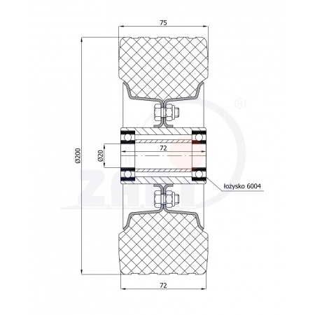 Koło metalowo-gumowe fi 200 mm ( do 300 kg ) ł. kulkowe ( fi 20 ) czarne