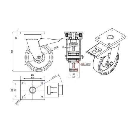Koła żeliwne z poliuretanem fi 160 mm w obudowie skrętnej - spawanej z hamulcem