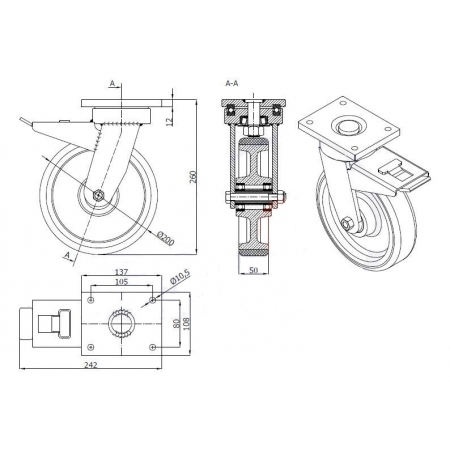 Koła żeliwne z poliuretanem fi 200 mm w obudowie skrętnej - spawanej z hamulcem