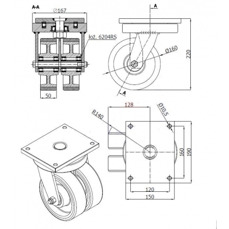 Koła żeliwne z poliuretanem fi 160 mm w obudowach skrętnych - spawanych - podwójne