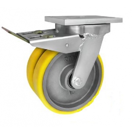 Koła żeliwne z poliuretanem fi 200 mm w obudowach skrętnych - spawanych z hamulcem - podwójne