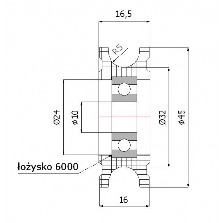 Rolka profilowana poliamidowa fi 45 mm na linkę fi 10 mm - otwór w piaście 10 mm