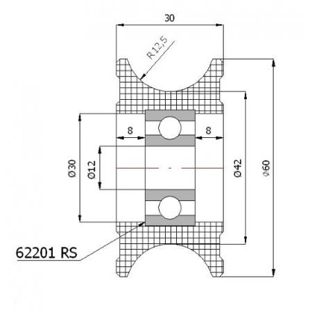 Rolka profilowana poliamidowa fi 60 mm na linkę fi 25 mm - otwór w piaście 12 mm