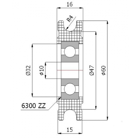 Rolka profilowana poliamidowa fi 60 mm na linkę fi 8 mm - otwór w piaście 10 mm