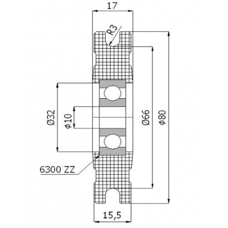 Rolka profilowana poliamidowa fi 80 mm na linkę fi 6 mm - otwór w piaście 10 mm