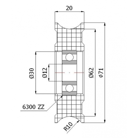 Rolka profilowana poliamidowa fi 71 mm na linkę fi 20 mm - otwór w piaście 12 mm