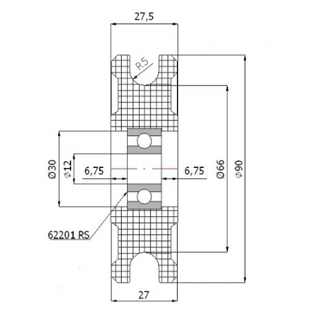 Rolka profilowana poliamidowa fi 90 mm na linkę fi 10 mm - otwór w piaście 12 mm