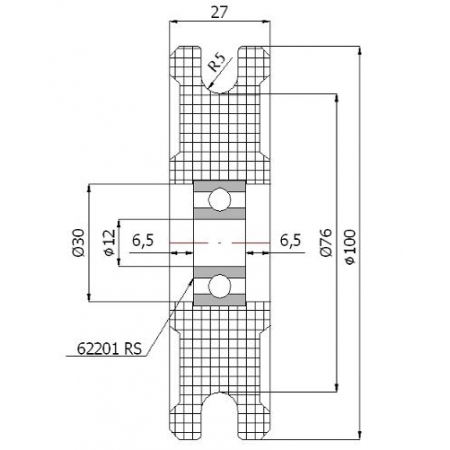 Rolka profilowana poliamidowa fi 100 mm na linkę fi 10 mm - otwór w piaście 12 mm