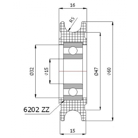 Rolka profilowana poliamidowa fi 60 mm na linkę fi 10 mm - otwór w piaście 15 mm