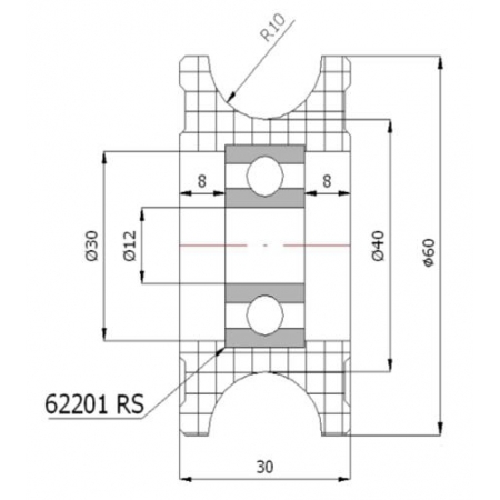 Rolka profilowana poliamidowa fi 60 mm na linkę fi 20 mm - otwór w piaście 12 mm