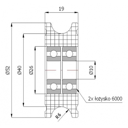 Rolka profilowana poliamidowa fi 52 mm na linkę fi 24 mm - otwór w piaście 10 mm