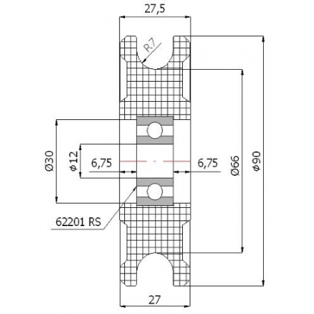 Rolka profilowana poliamidowa fi 90 mm na linkę fi 14 mm - otwór w piaście 12 mm
