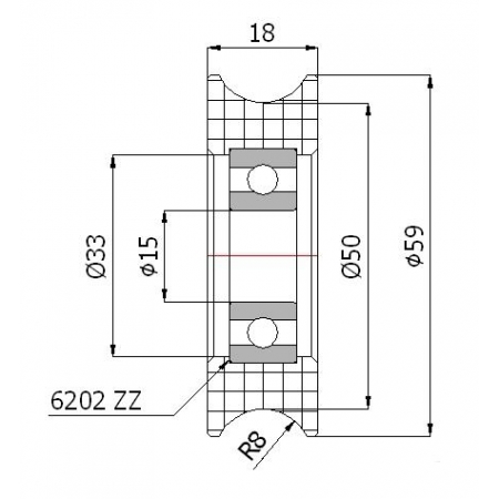 Rolka profilowana poliamidowa fi 59 mm na linkę fi 16 mm - otwór w piaście 15 mm