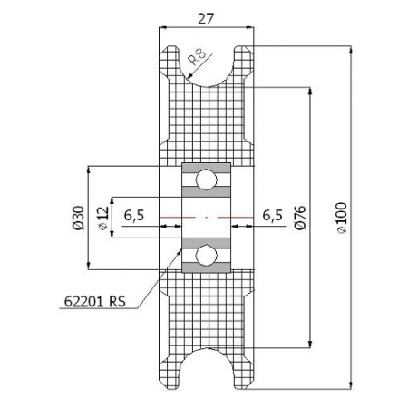 Rolka profilowana poliamidowa fi 100 mm na linkę fi 16 mm - otwór w piaście 12 mm